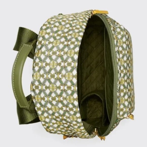RARE Tory Burch Piper Bag Printed Backpack Green Gemini Link Satin Quilt Lined - Picture 3 of 5